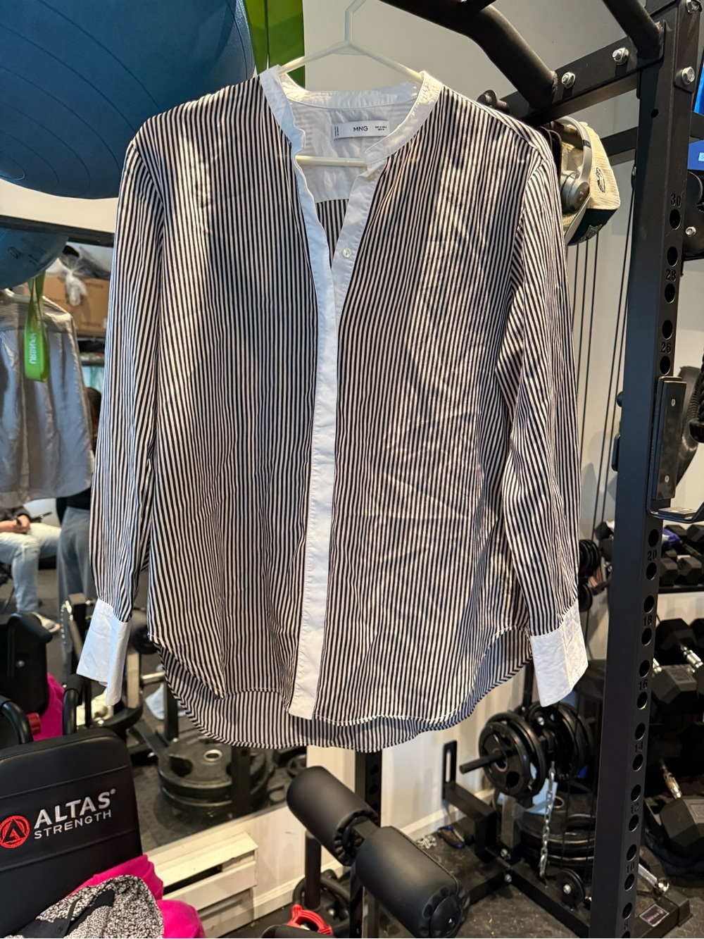 Striped Band-Collar Button-Down Shirt in Black and White
